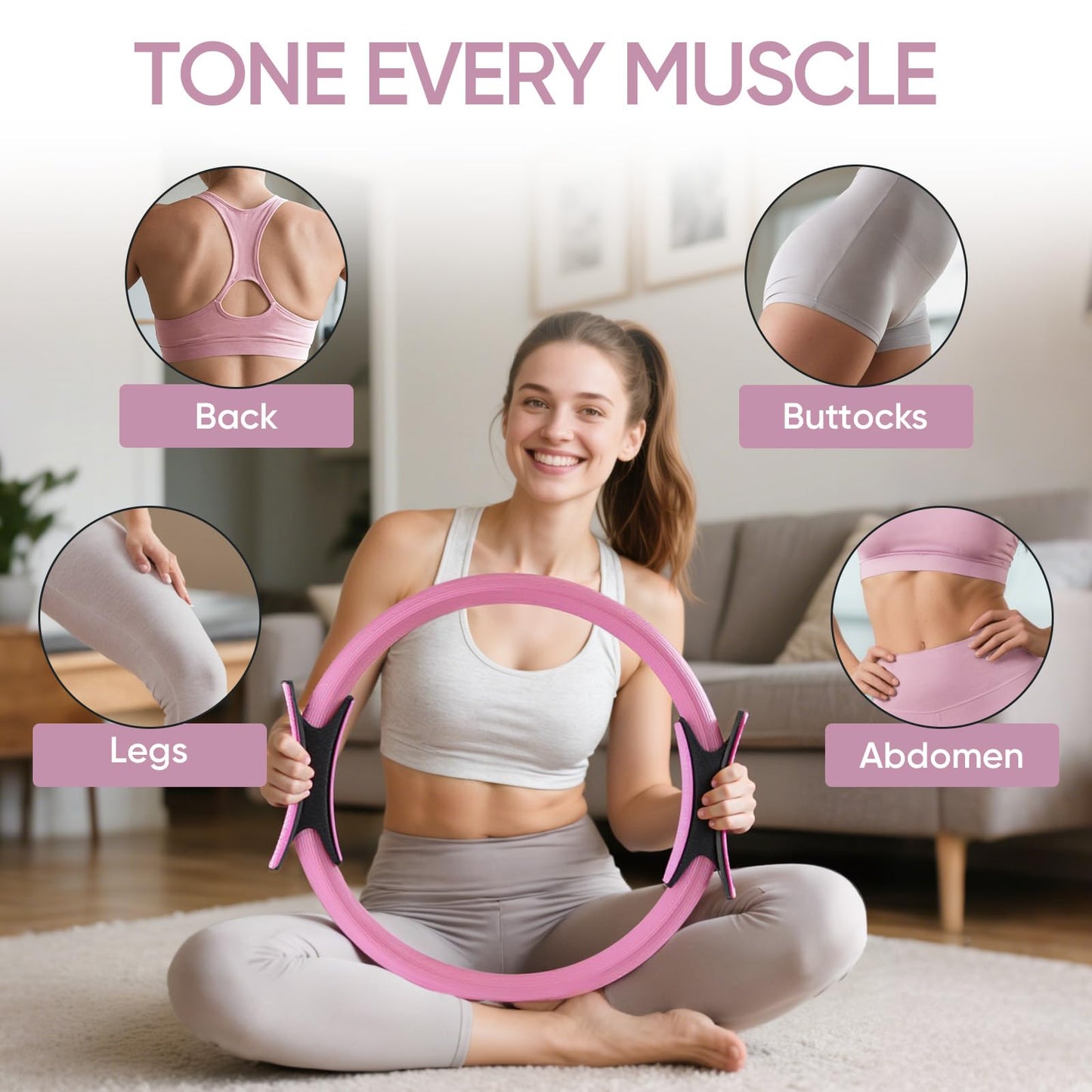 ElaraFit Home Pilates Kit for Women Pink Pilates Equipment Ring and Ball Set Magic Circle Hoop with 5 Resistance Bands Compact Toning Fitness Essentials Starter Set Accessories