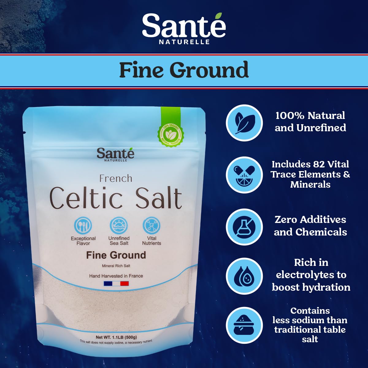 Sante Fine Ground Sea Salt From the Celtic Sea - 1.1lb (18oz) Unrefined French Sea Salt Organic, Rich in 82+ Minerals Salt, 100% Natural & Hand Harvested Sal Celtica