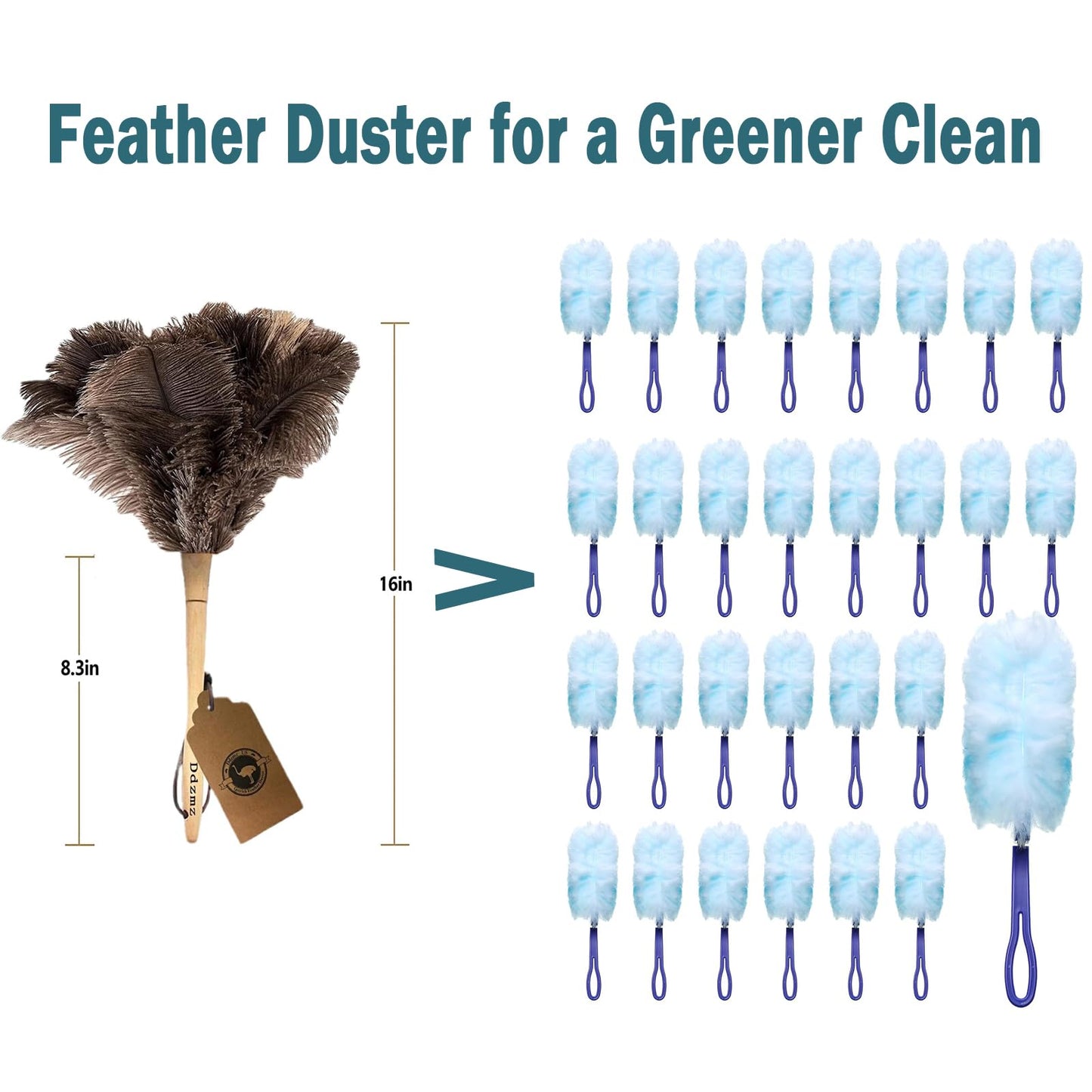 Feather Duster, Feather Dusters for Cleaning Ddzmz Fluffy Natural Genuine Ostrich Feathers with Wooden Handle Reusable Handheld Ostrich Feather Duster Cleaning Supplies, Gray and Brown(Length 16")