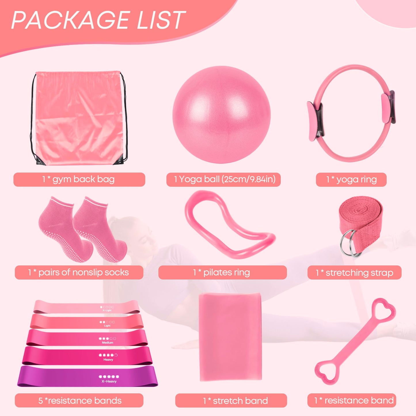 DSUMD 13 Pcs Pilates Essentials Kit for Women, Home Workout Equipment Set with 9.8” Ball, Magic Circle, Accessories, Perfect for Beginners to Toning & Fitness, Pink