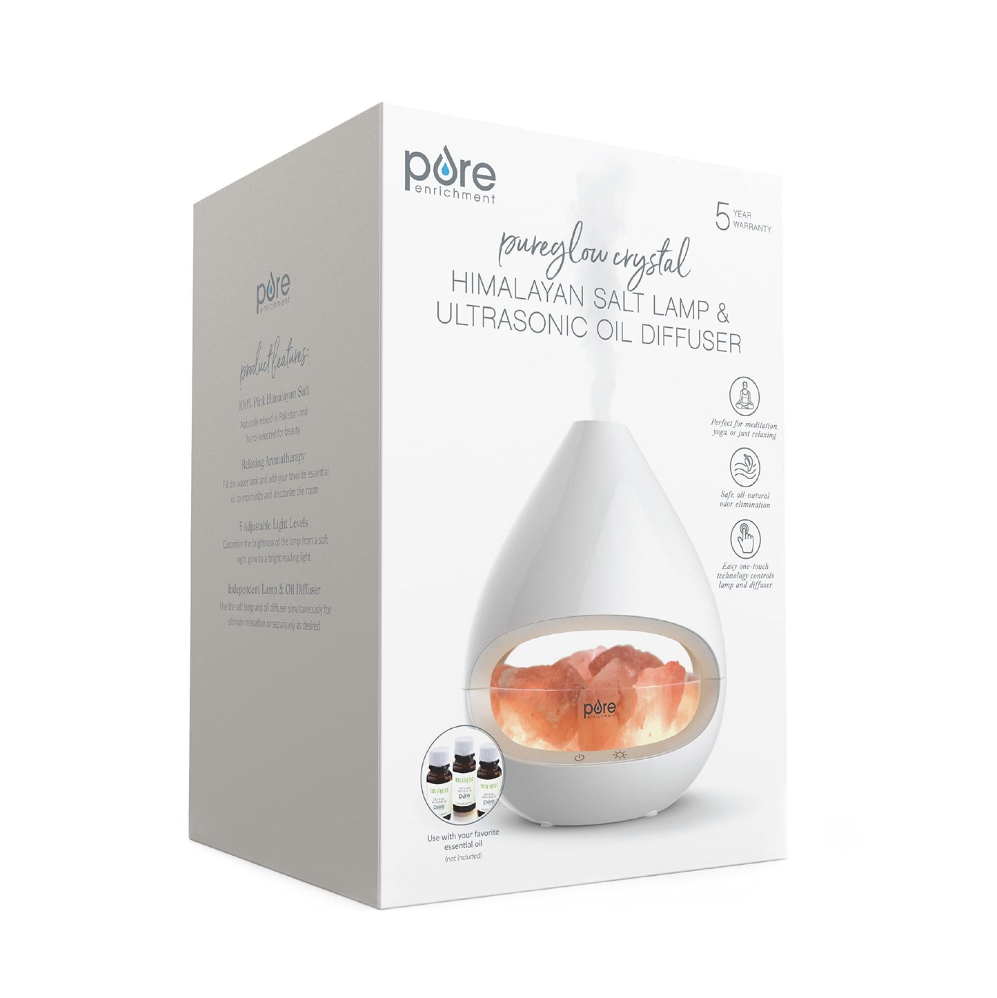 Pure Enrichment PureGlow Crystal - 2-in-1 Himalayan Salt Lamp & Ultrasonic Essential Oil Diffuser, Original Salt Therapy Lamp, 100% Pure Himalayan Salt, Ambient Glow, 160 mL 16-Hour Tank (White)