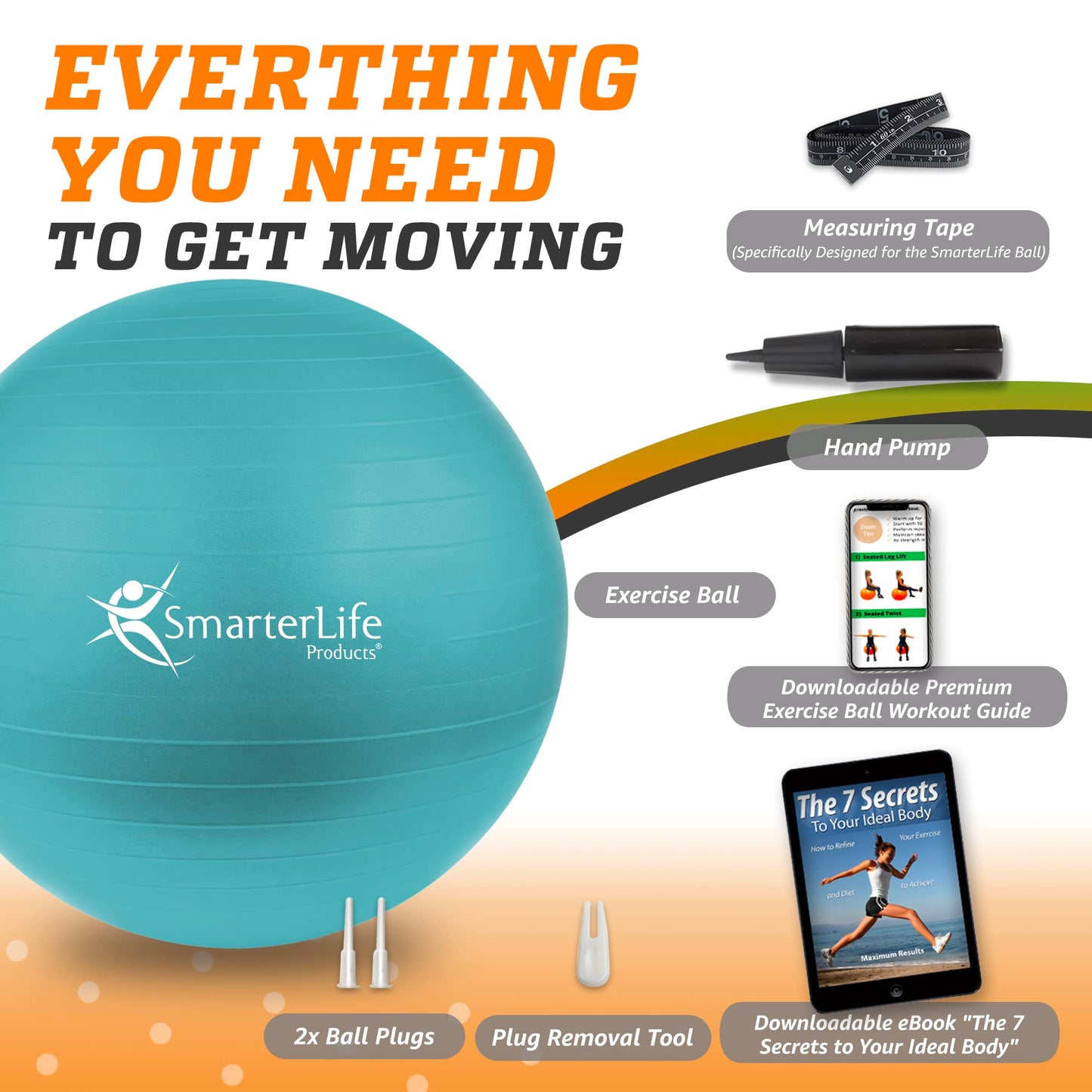 SmarterLife Exercise Ball Yoga Ball for Fitness, Balance, Stability, or Pregnancy, Gym Ball for Core Workout, Physical Therapy, Yoga Ball Chair for Office, Anti-Slip Anti-Burst (65cm, Turquoise)