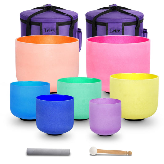 Leize Chakra Tuned 432hz Set of 7 Color Quartz Crystal Singing Bowls 6-12 inch with Heavy Duty Carrying Cases and Singing Bowl Mallets