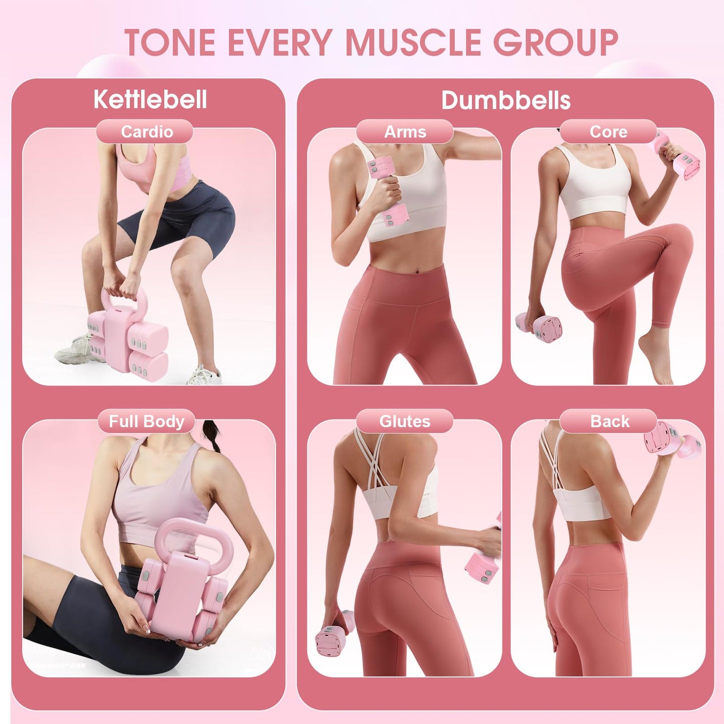 Axiqunel Adjustable 2-in-1 Convertible Kettlebell & Dumbbells Set, 4 in 1 Free Weights Dumbbell Set of 2, Each 2.2 3.3 4.4 5.5lb Quick Change Women Dumbbell Set for Home Exercise Training(Pink)