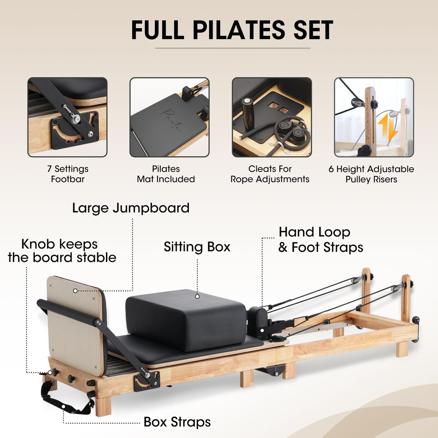 Pilates Reformer, PAETA 92" Wooden Foldable Pilates Reformer Machine with Springs, Pilates Machines for Home Use and Studio, Pilates Equipment with Sitting Box, Jump Board and Accessories