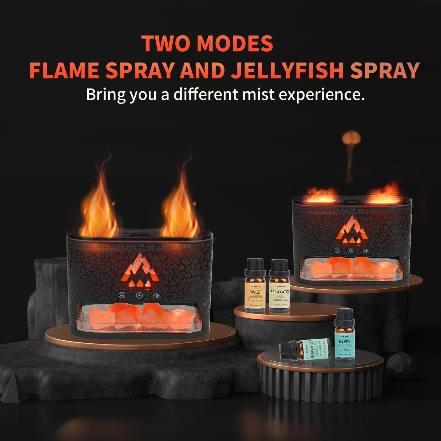BOHOFAM Himalayan Salt Aroma Diffuser & Air Humidifier with 2 Flame/Jellyfish Mist Modes,Essential Oil Diffuser wih 6 Lights Change for Home, 4 Essential Oils-Mysterious, Relaxation, Sweet, Happy