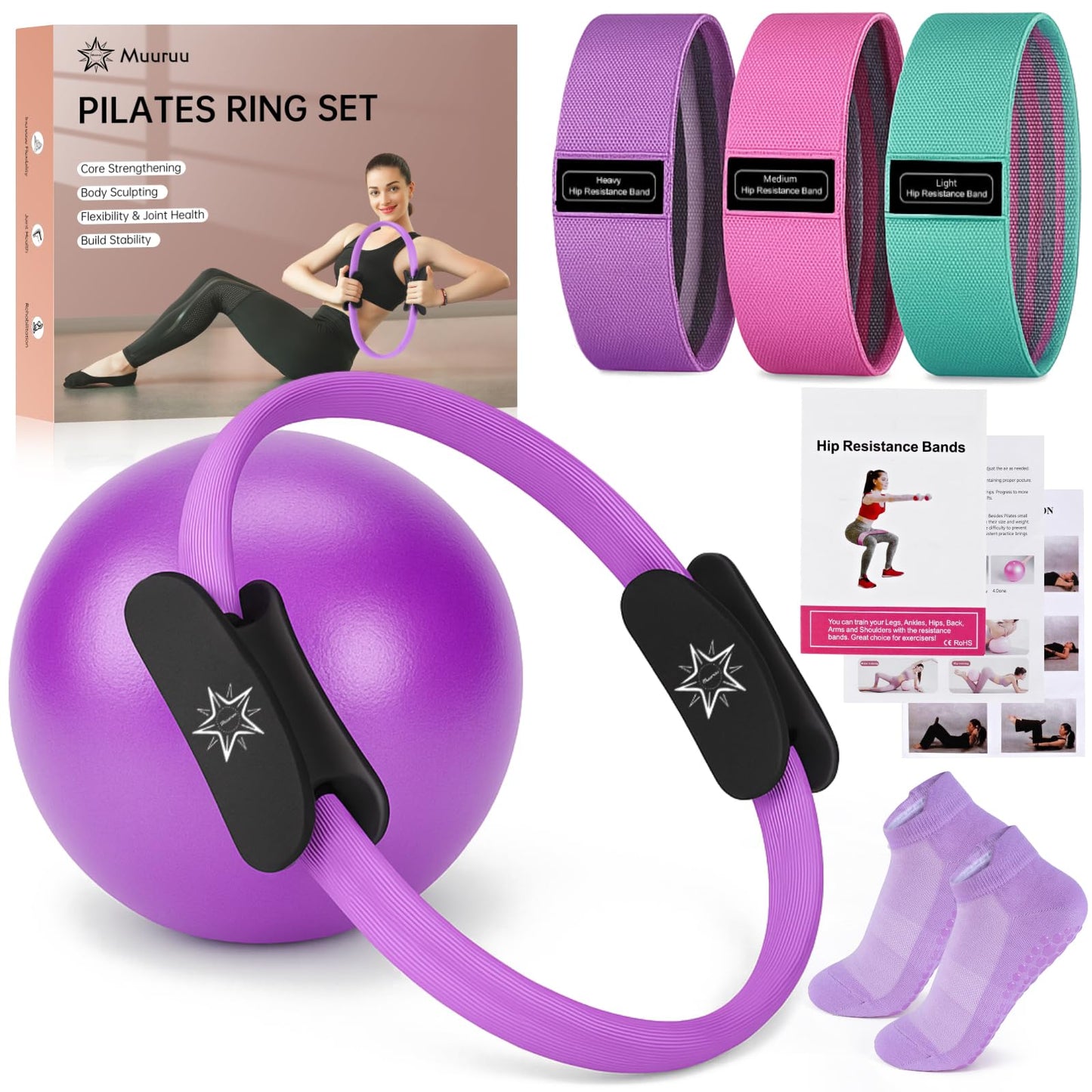 Muuruu Pilates Essentials Kit for Home Women, Ring and Ball Set, Pilates Equipment for Workouts, 3 Resistance Bands, Grip Socks, 14 Inch Magic Circle, Mini Exercise Ball, Great Exercise Equipment