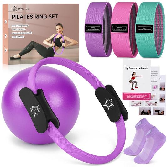 Muuruu Pilates Essentials Kit for Home Women, Ring and Ball Set, Pilates Equipment for Workouts, 3 Resistance Bands, Grip Socks, 14 Inch Magic Circle, Mini Exercise Ball, Great Exercise Equipment
