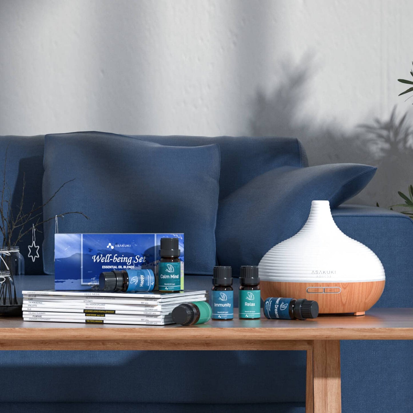 ASAKUKI Essential Oil Blends, Essential Oils for Diffusers for Home, Well-Being Kit- Calm Mind, Sweet Dreams, Happy, Relax, Air Freshening, Immunity for Aromatherapy, Humidifiers, Massage, 6x10ml