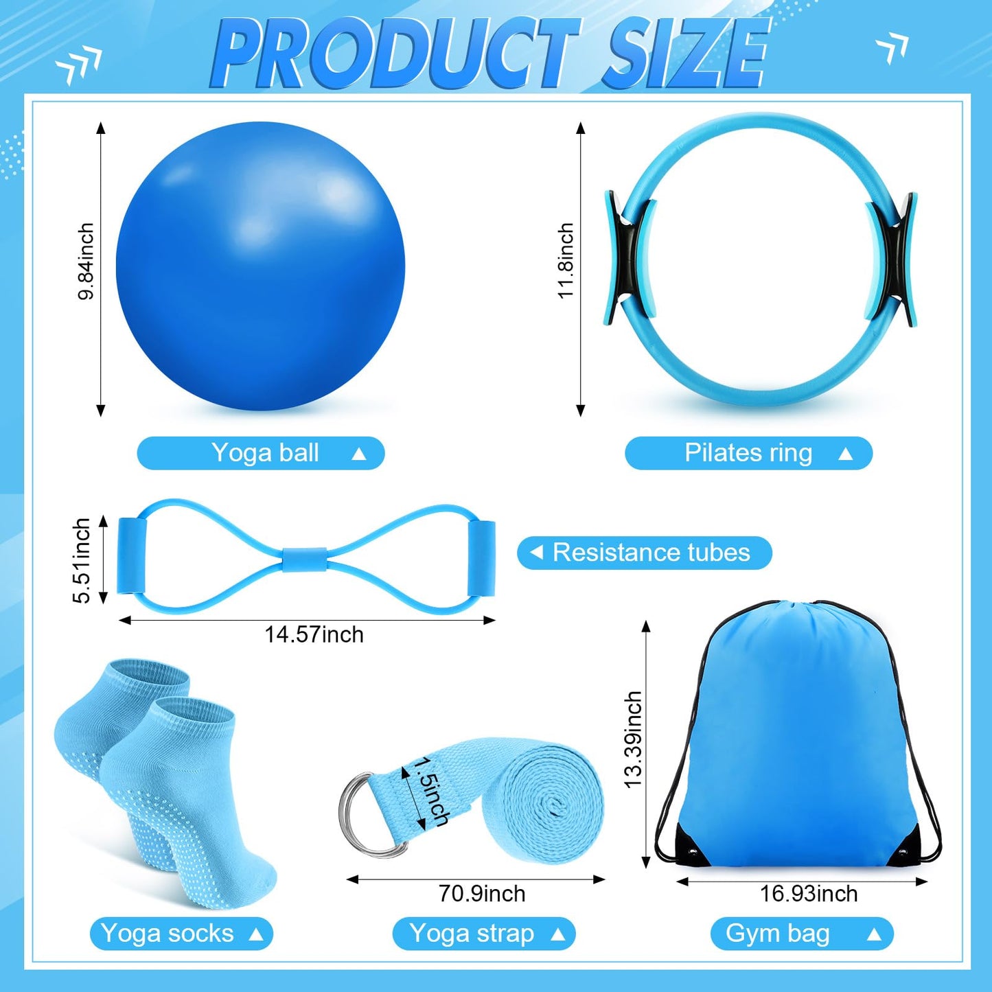 Poen 18 Pcs Pilates Ring Kit Home Pilates Ring Circle and Ball Set for Women Yoga Fitness Set with 5 Resistance Band Stretching Strap Non Slip Sock Ball Core Slider Wristband Headband Gym Bag(Blue)