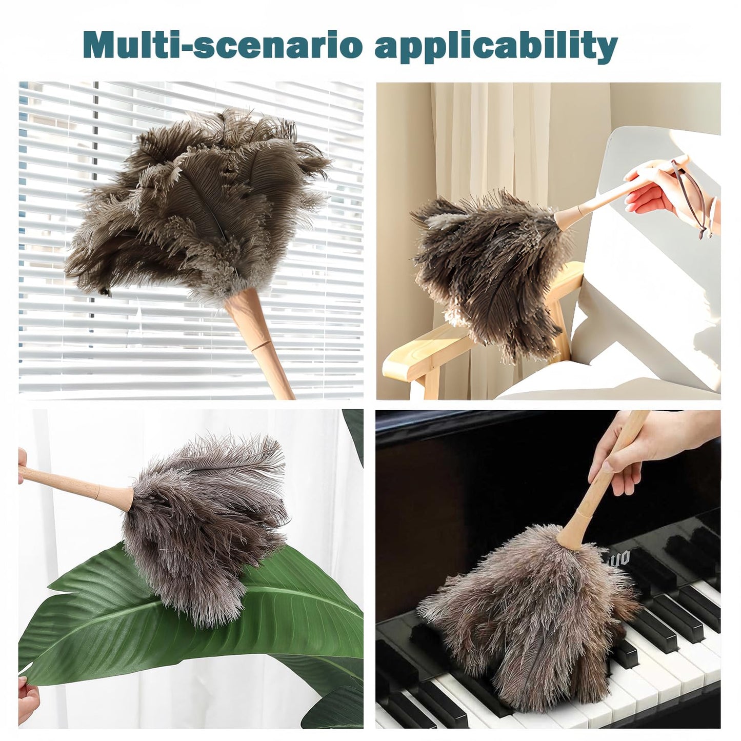 Feather Duster, Feather Dusters for Cleaning Ddzmz Fluffy Natural Genuine Ostrich Feathers with Wooden Handle Reusable Handheld Ostrich Feather Duster Cleaning Supplies, Gray and Brown(Length 16")
