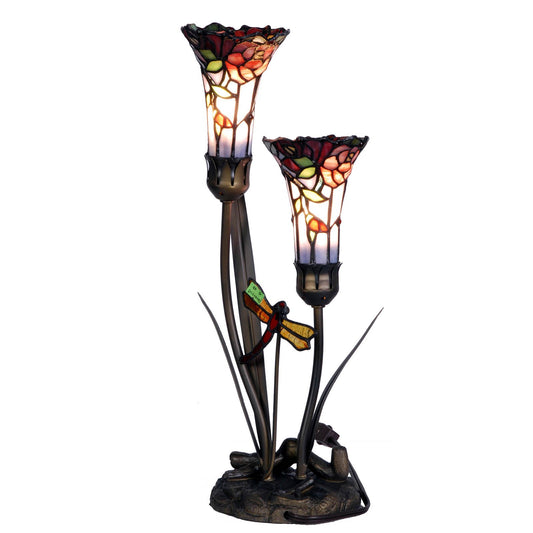 Bieye L10620 Lily Flowers and Dragonfly Tiffany Style Stained Glass Accent Table Lamp, 19-inch Tall
