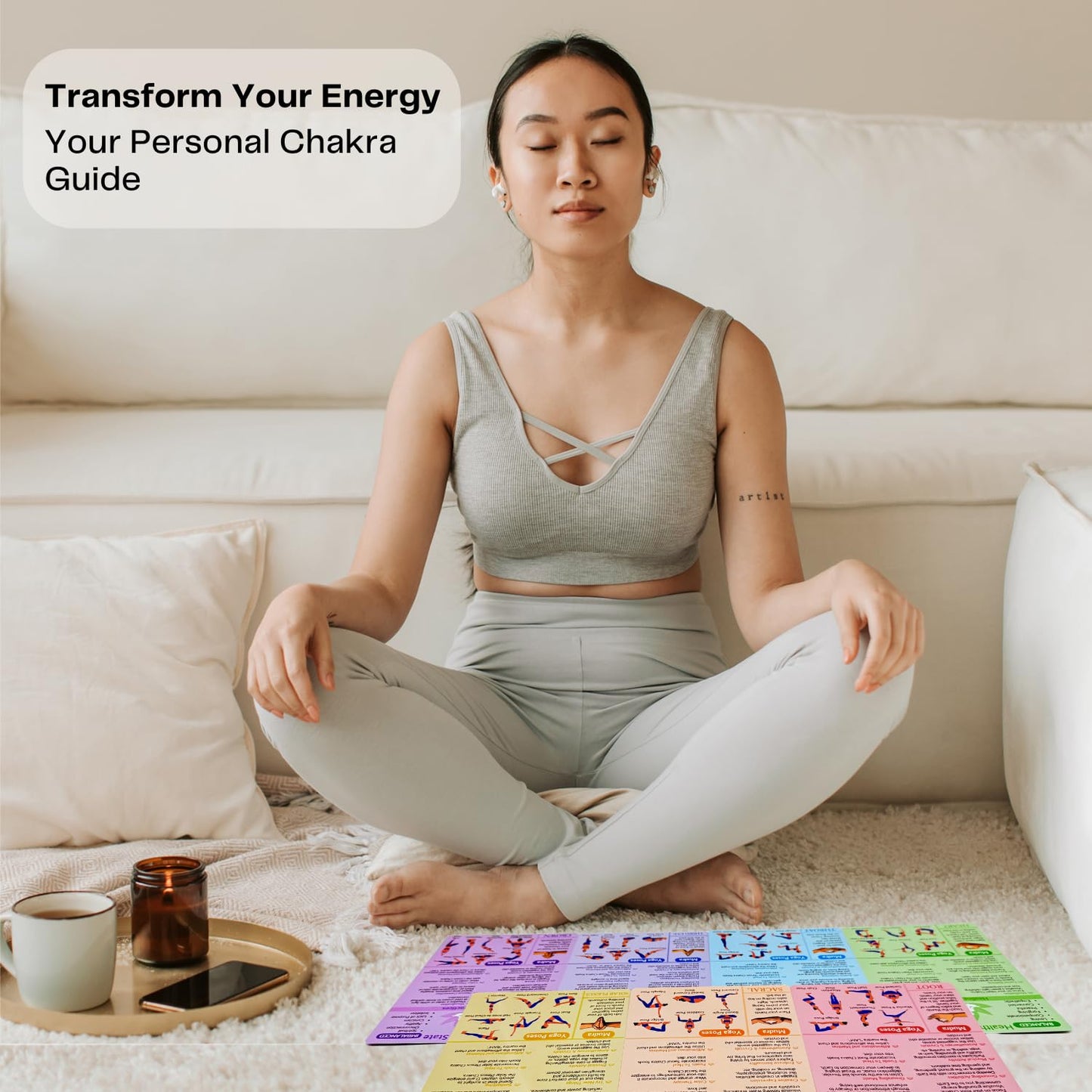 7 Chakras Cards, Double-Sided Quick Reference Guide for Chakra Healing Meditation Yoga Pose with Crystals, Essential Oils & Affirmations, Spiritual Day Gifts for Her & Him Beginner Friendly