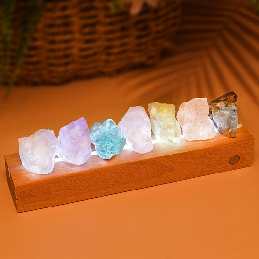HYAMVOR Healing Crystal Night Light,7 Chakra Natural Bedside Lamp with Wooden LED Light Base,Healing Stones Positive Energy Night Lights for Home Decor Gifts (Rechargeable)