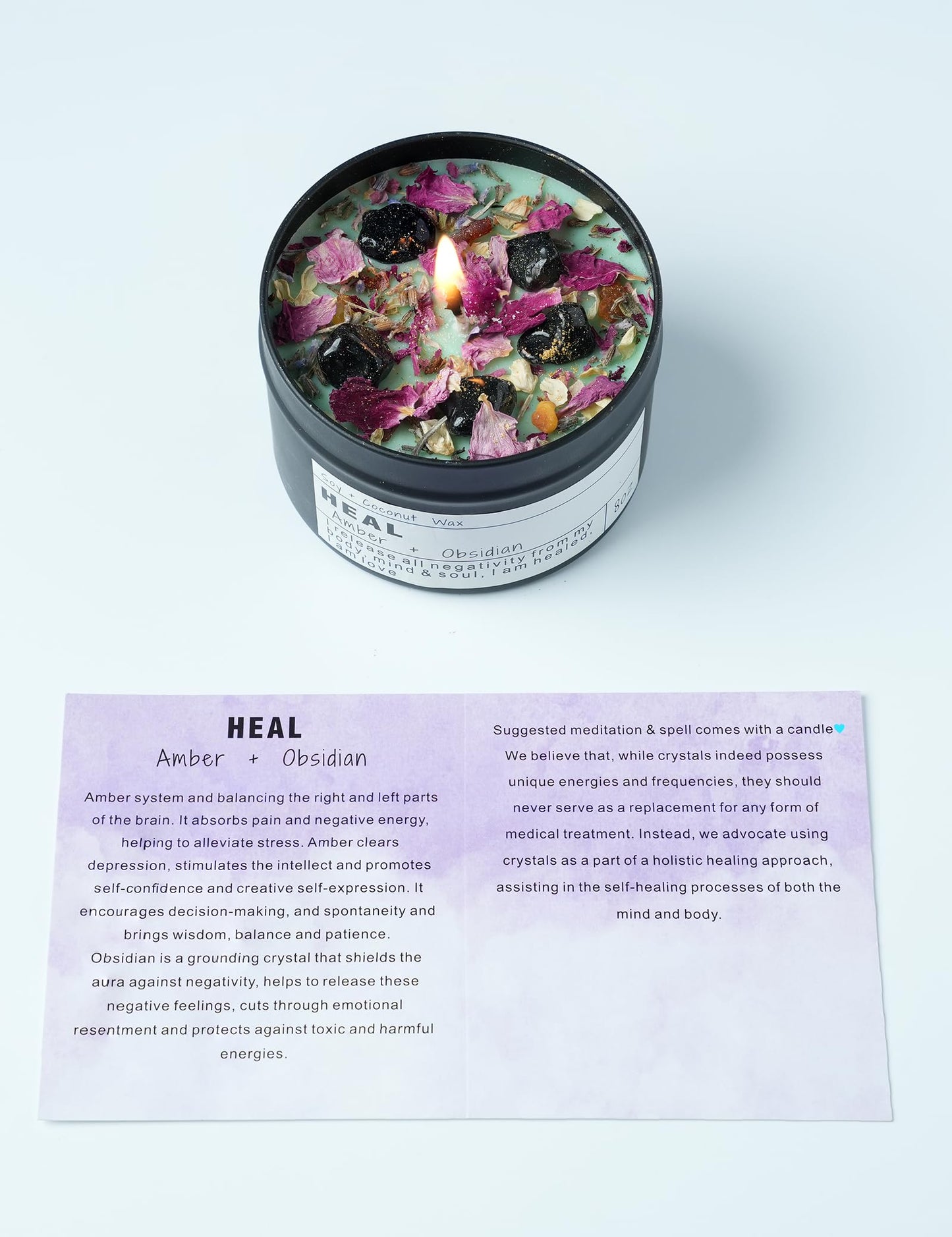 Obsidian Crystal Energy Candle, Good Aura Health Protection, Baltic Amber Chakra Magic Self-care, Emotional Support, Encouragement and Affirmation Gift.(HEAL)