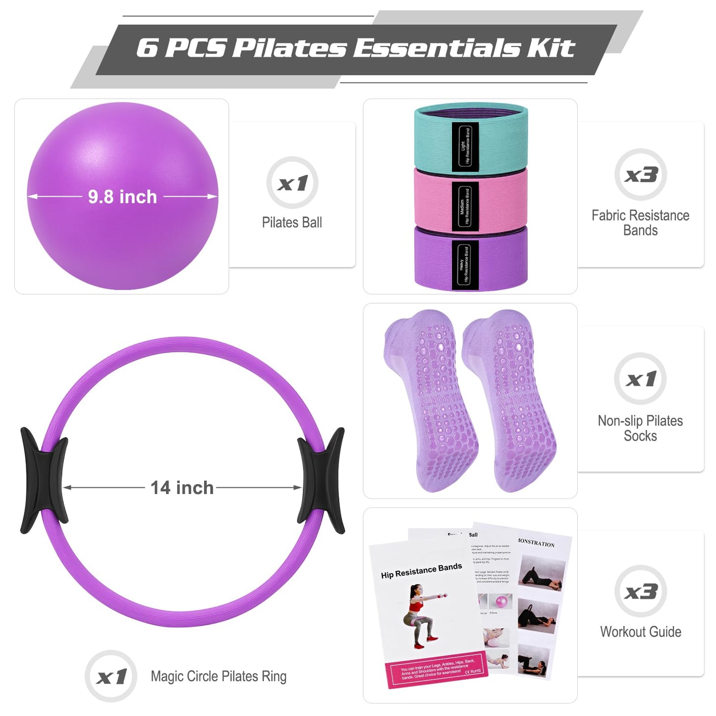 Muuruu Pilates Essentials Kit for Home Women, Ring and Ball Set, Pilates Equipment for Workouts, 3 Resistance Bands, Grip Socks, 14 Inch Magic Circle, Mini Exercise Ball, Great Exercise Equipment