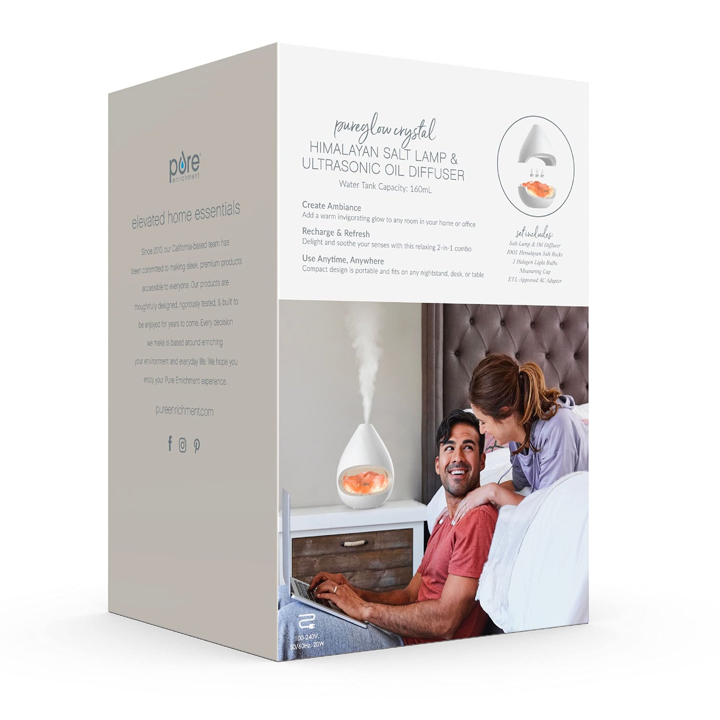 Pure Enrichment PureGlow Crystal - 2-in-1 Himalayan Salt Lamp & Ultrasonic Essential Oil Diffuser, Original Salt Therapy Lamp, 100% Pure Himalayan Salt, Ambient Glow, 160 mL 16-Hour Tank (White)