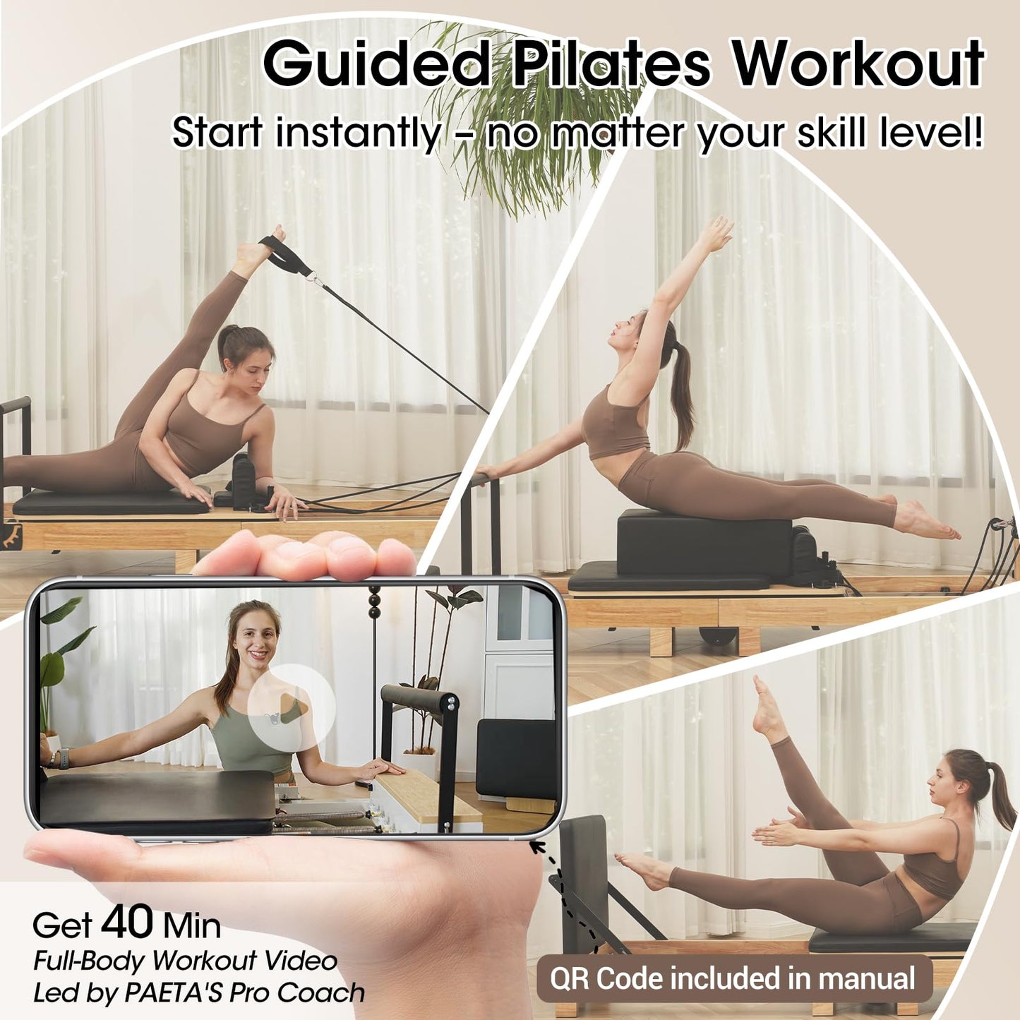 Pilates Reformer, PAETA 92" Wooden Foldable Pilates Reformer Machine with Springs, Pilates Machines for Home Use and Studio, Pilates Equipment with Sitting Box, Jump Board and Accessories