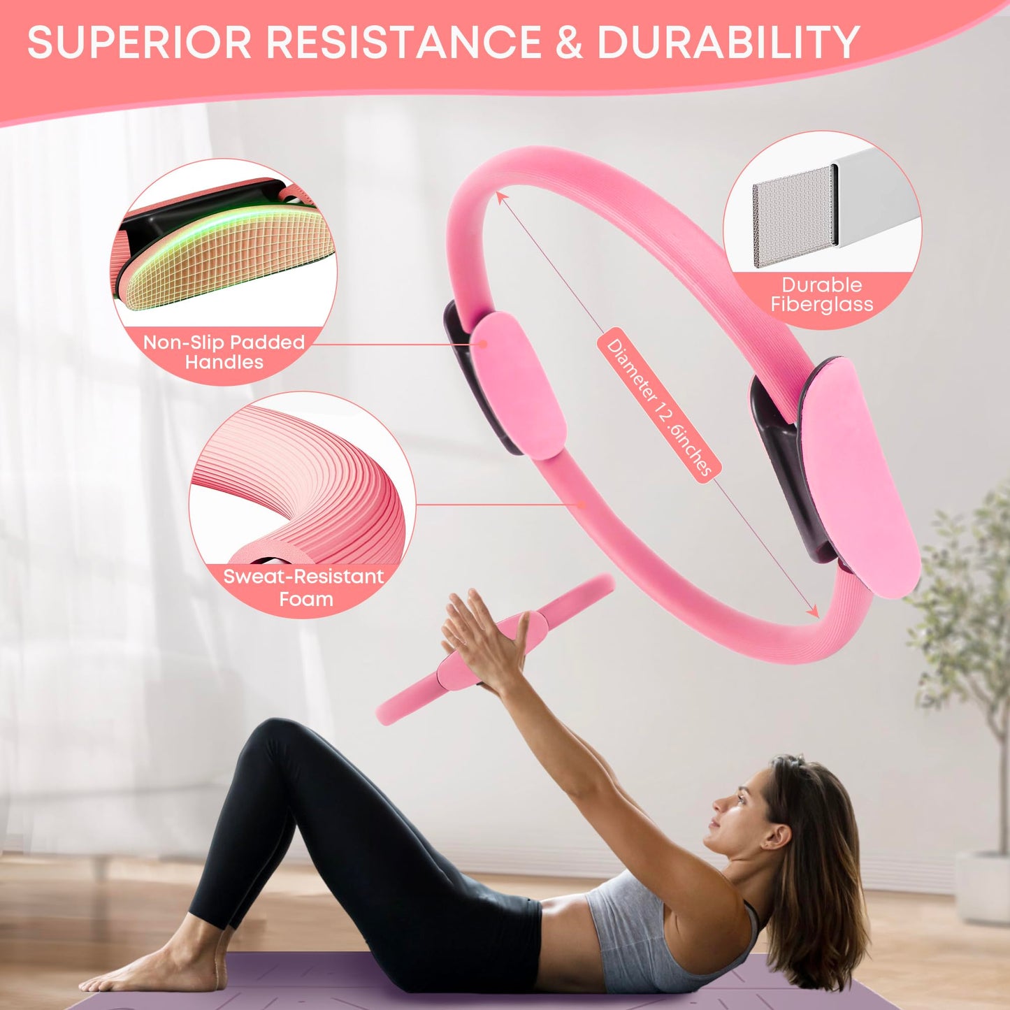 DSUMD 13 Pcs Pilates Essentials Kit for Women, Home Workout Equipment Set with 9.8” Ball, Magic Circle, Accessories, Perfect for Beginners to Toning & Fitness, Pink