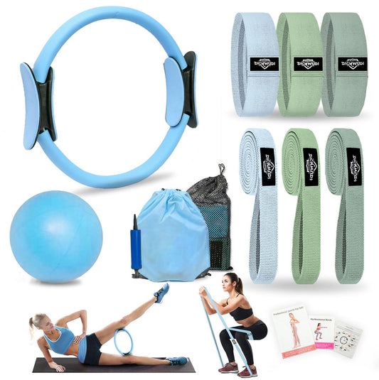 DICYWUDI Pilates Essentials Kit for Home Women, Pilates Equipment for Workouts, 6 Fabric Resistance Bands, 12 Inch Magic Circle Yoga Ring, Mini Exercise Ball, Great Exercise Equipment