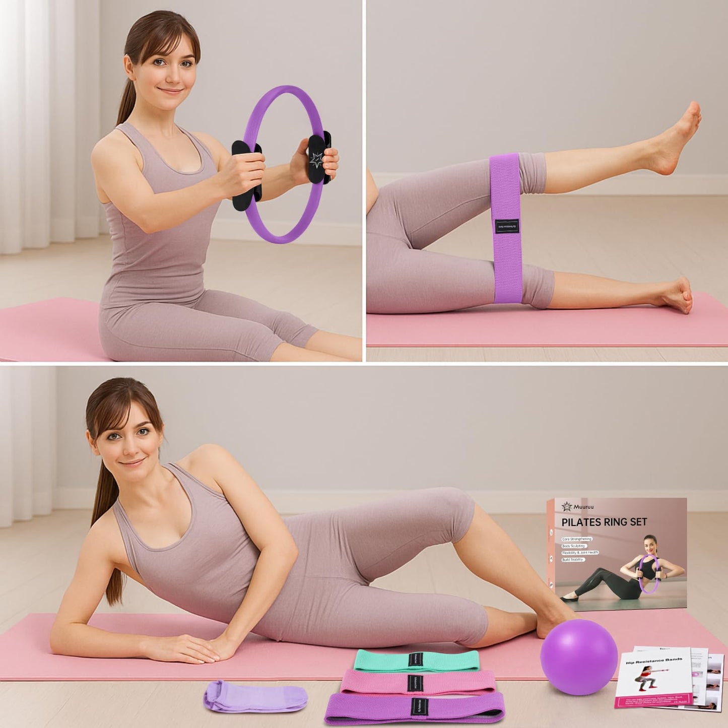 Muuruu Pilates Essentials Kit for Home Women, Ring and Ball Set, Pilates Equipment for Workouts, 3 Resistance Bands, Grip Socks, 14 Inch Magic Circle, Mini Exercise Ball, Great Exercise Equipment