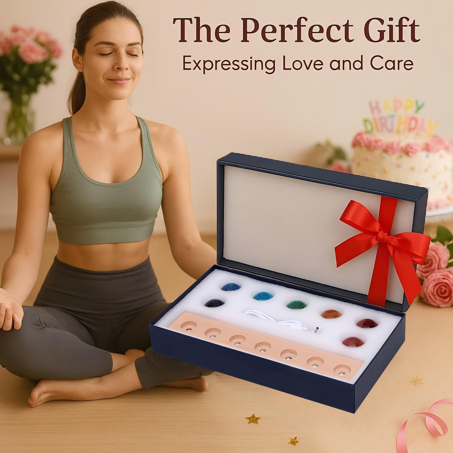 7 Chakra Healing Crystals with LED Wooden Stand – 40mm Natural Gemstone Spheres for Meditation, Reiki, Energy Balance, Night Light & Spiritual Gift for Women Home Decor