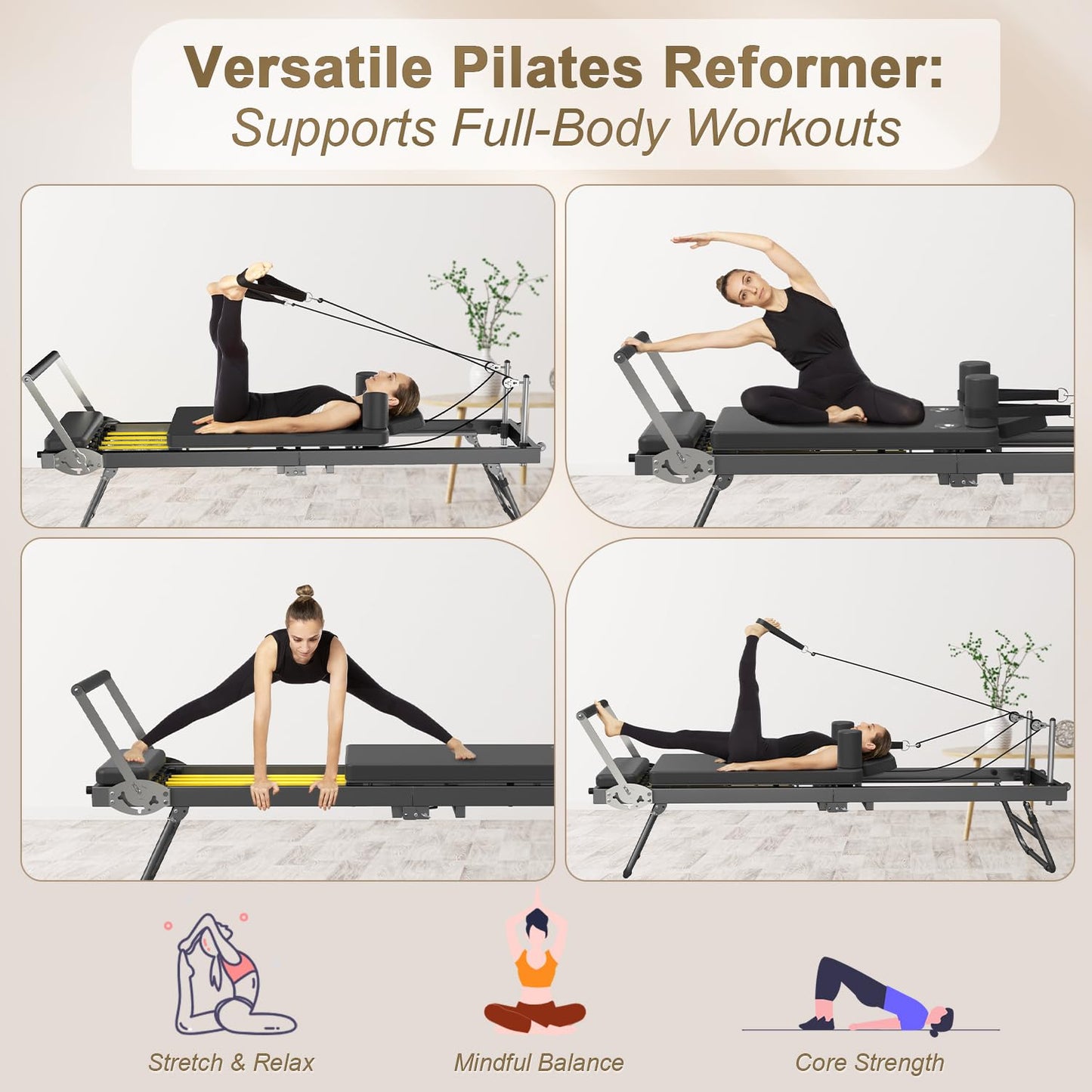Pilates Reformer, Foldable Reformer Pilates Machine & Equipment for Women Home Use Gym Workout & Advanced and Beginners Users, Up to 400 lbs Weight Capacity, Black