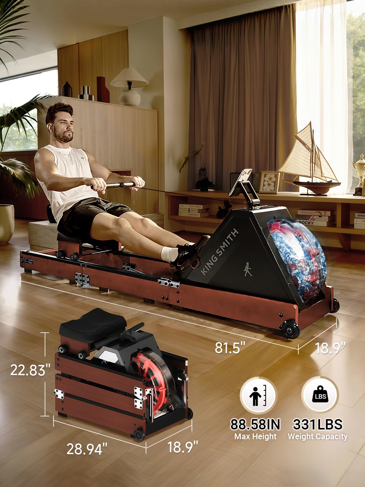 KINGSMITH Water Rowing Machines for Home, WR20 Foldable Row Machine, 331LB Weight Capacity, Water Rower Machine with LCD Monitor, App Supported and Comfortable Seat for Folding Water Rowers, Red Oak