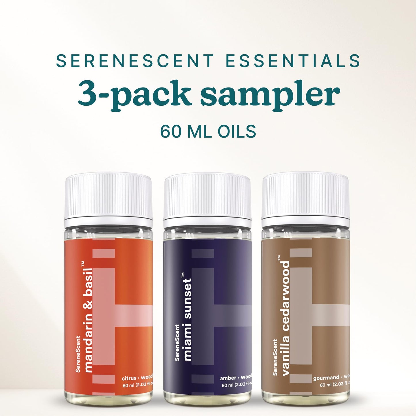 SereneScent Essentials 3-Pack Oils, 60ml Fragrance Oils for Diffusers – Mandarin Basil, Miami Sunset, Vanilla Cedarwood – Natural, Plant-Based, Long-Lasting Aromatherapy Scents by Homedics