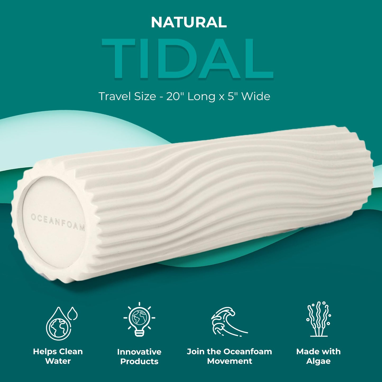 Oceanfoam Tidal Roller - Natural - Muscle Massage Foam Roller for Back Pain & Stretching - Firm and Ergonomic Wide Wave Textured - Yoga, Athletics, & Wellness - Full Size, 20" x 5"