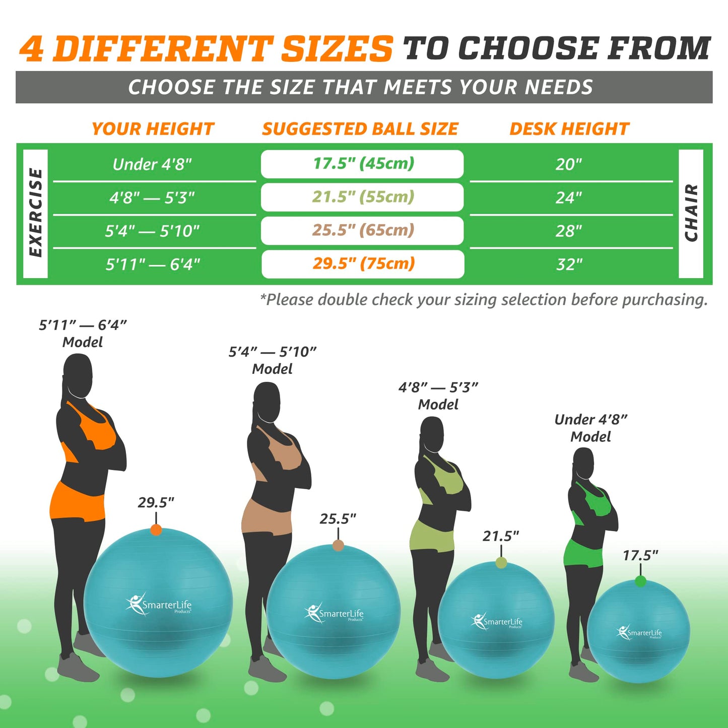 SmarterLife Exercise Ball Yoga Ball for Fitness, Balance, Stability, or Pregnancy, Gym Ball for Core Workout, Physical Therapy, Yoga Ball Chair for Office, Anti-Slip Anti-Burst (65cm, Turquoise)