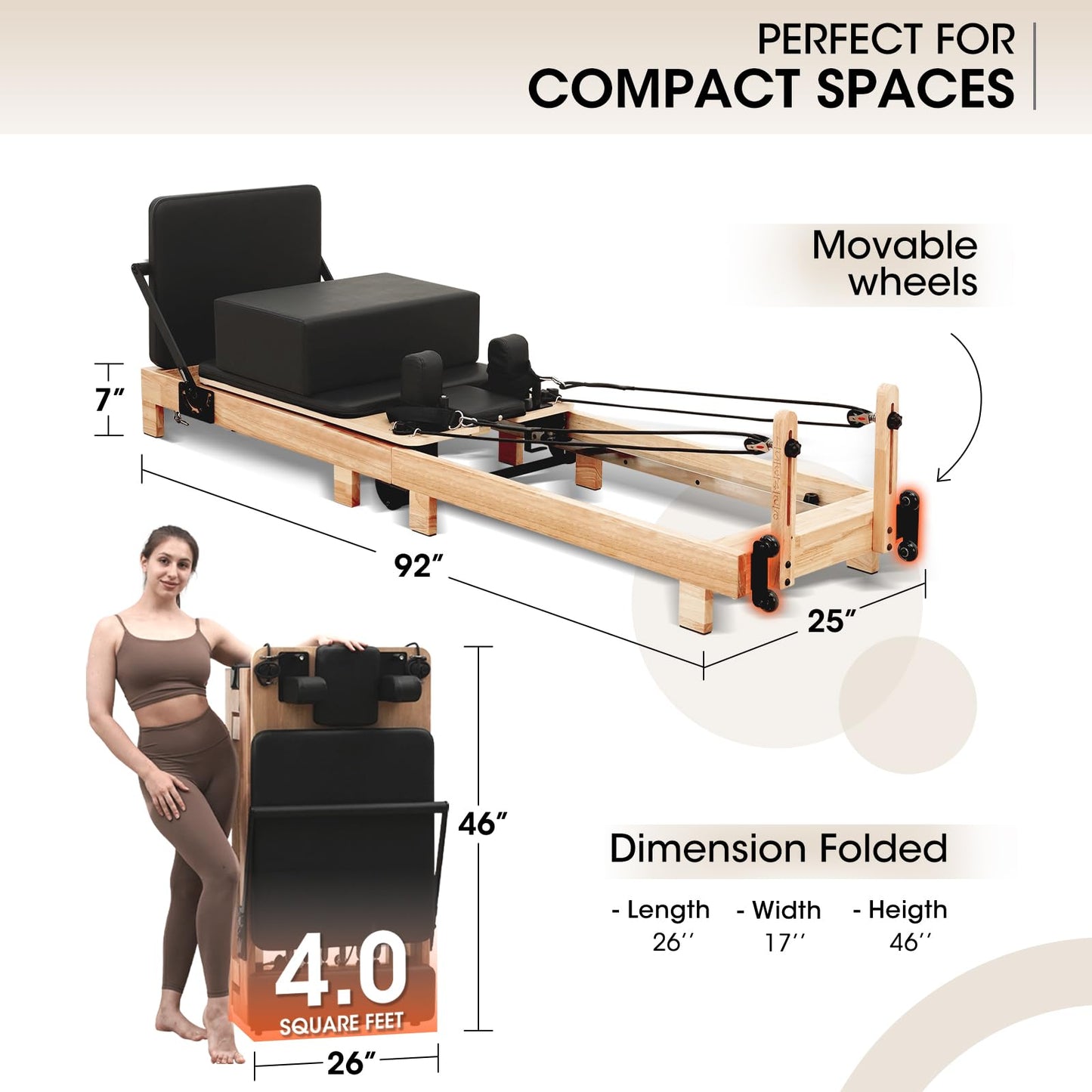 Pilates Reformer, PAETA 92" Wooden Foldable Pilates Reformer Machine with Springs, Pilates Machines for Home Use and Studio, Pilates Equipment with Sitting Box, Jump Board and Accessories