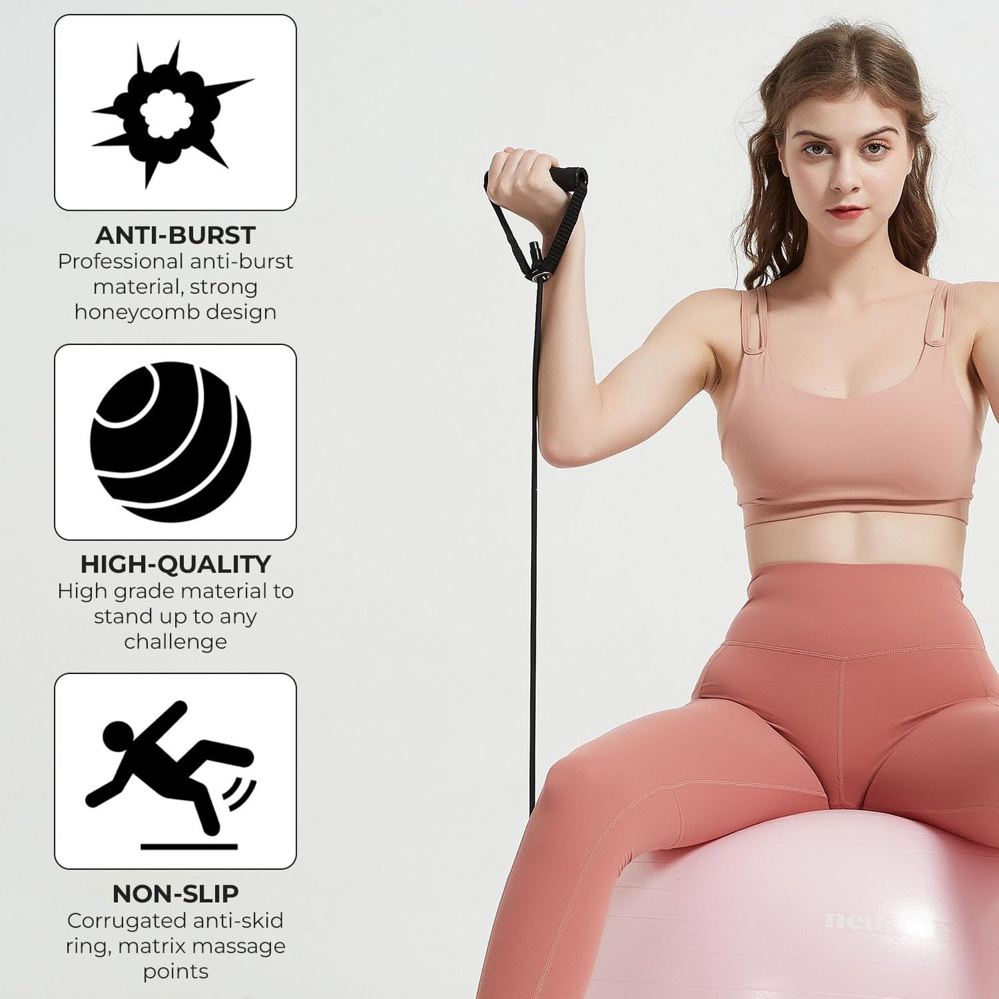 NEUMEE Exercise Ball Chair with Resistance Bands, Yoga Ball Office Chair with Stability Base for Home Gym, Workout Ball for Fitness, Large Size 65 cm (Pink)