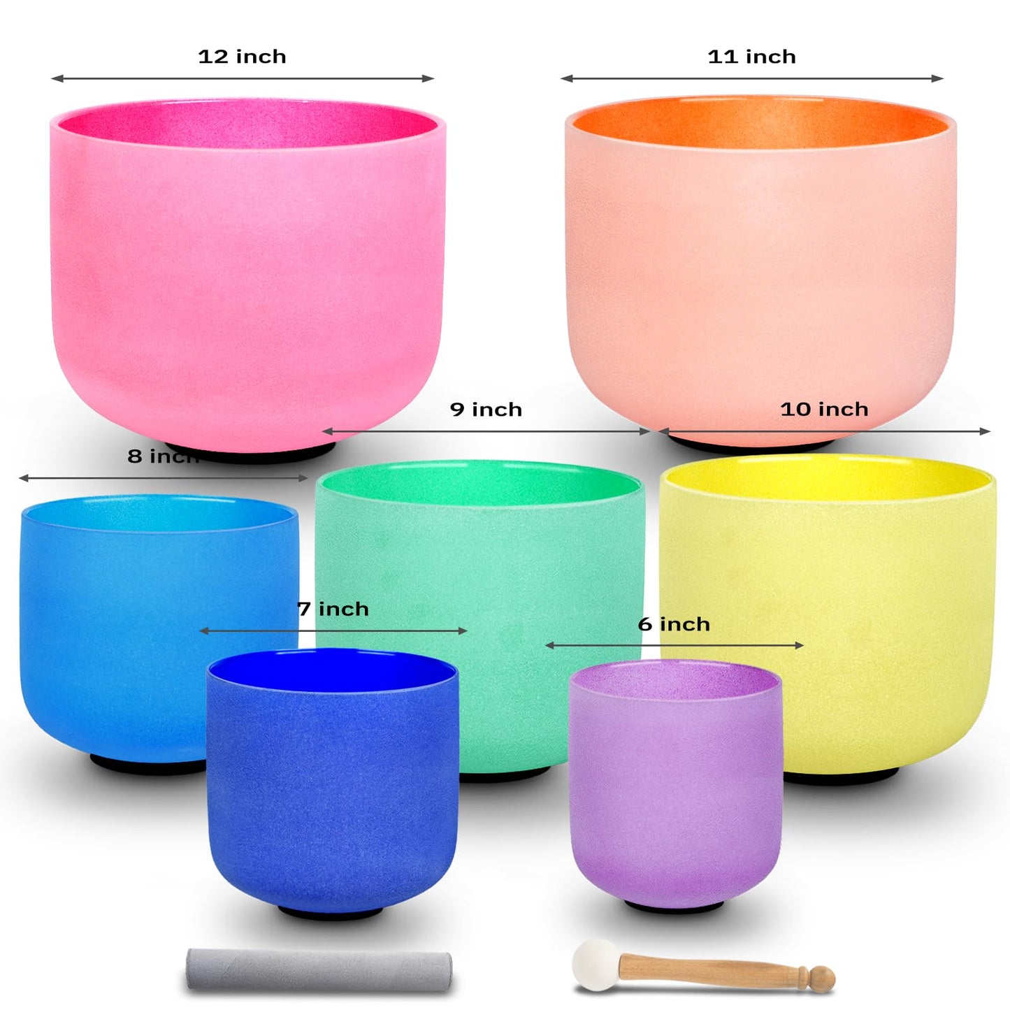 Leize Chakra Tuned 432hz Set of 7 Color Quartz Crystal Singing Bowls 6-12 inch with Heavy Duty Carrying Cases and Singing Bowl Mallets