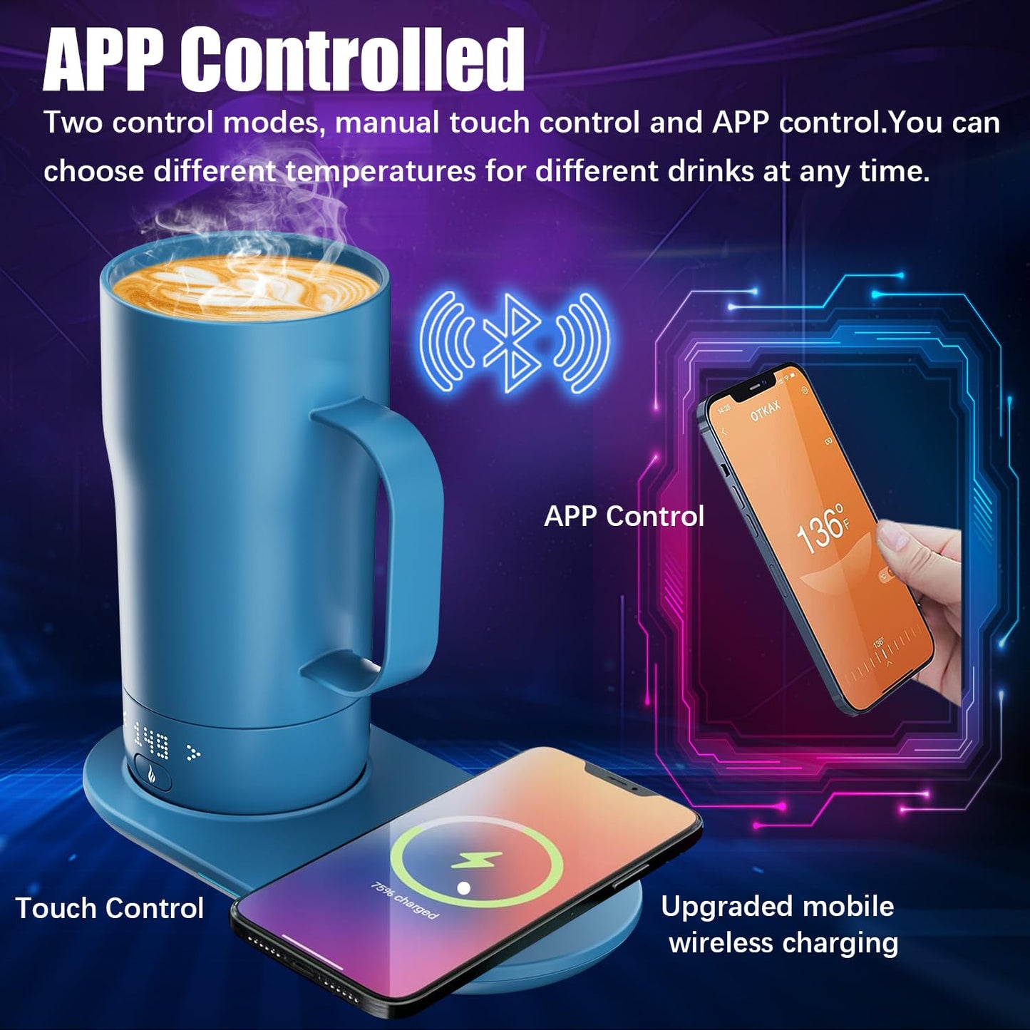 LEGARDLILIU Smart Self Heating Coffee Mug 18 Oz Temperature Control Heated Coffee Mug App Controlled Warmer Mug 5-10 Hour LED Display Keep Coffee Hot All Day Fast Wireless Charger Base Lake Blue