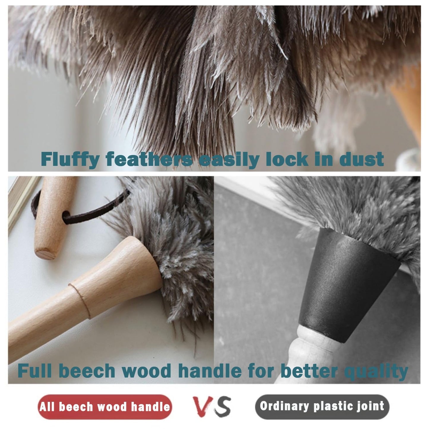 Feather Duster, Feather Dusters for Cleaning Ddzmz Fluffy Natural Genuine Ostrich Feathers with Wooden Handle Reusable Handheld Ostrich Feather Duster Cleaning Supplies, Gray and Brown(Length 16")
