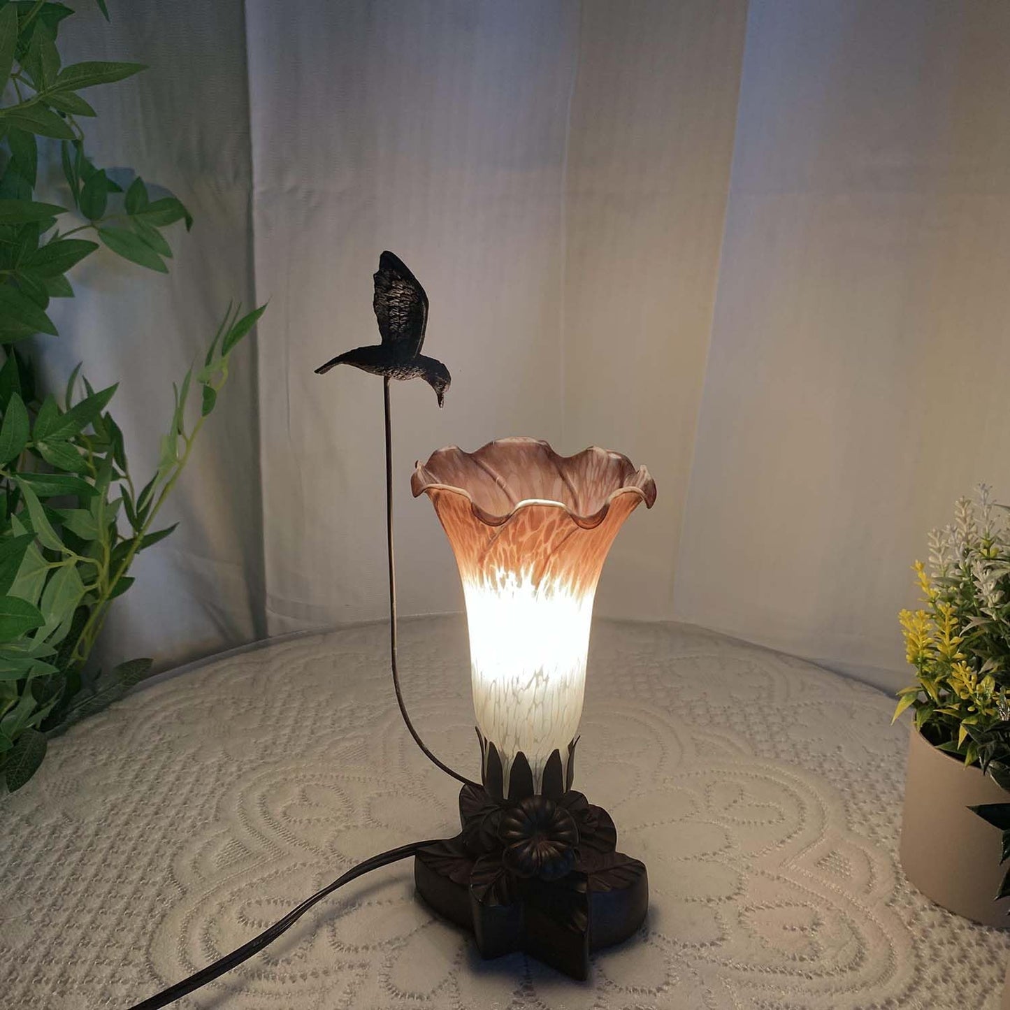 Bieye LL09 Hummingbird Flying Over Lily Flower Blown Glass Table Lamp for Home Decor (White Brown, 4.25Wx12H)