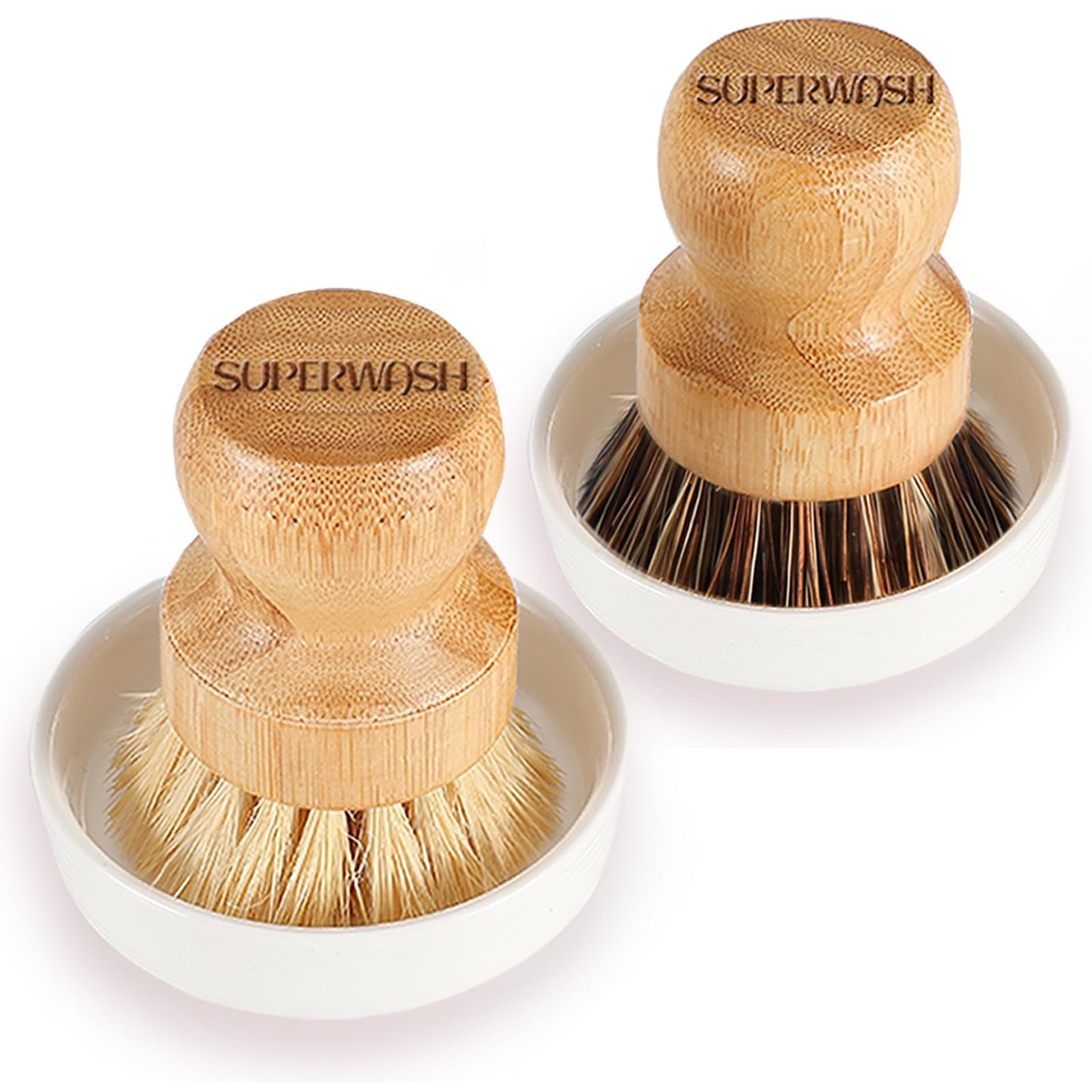 SUPERWASH PLUS Bamboo Brush Dish Scrubber Clean Pan and Vegetable, Natural Bristles Palm Pot Brush 2 Pack Round Mini Dish Brush with 2 Ceramic Dish for Kitchen Sink Cleaning