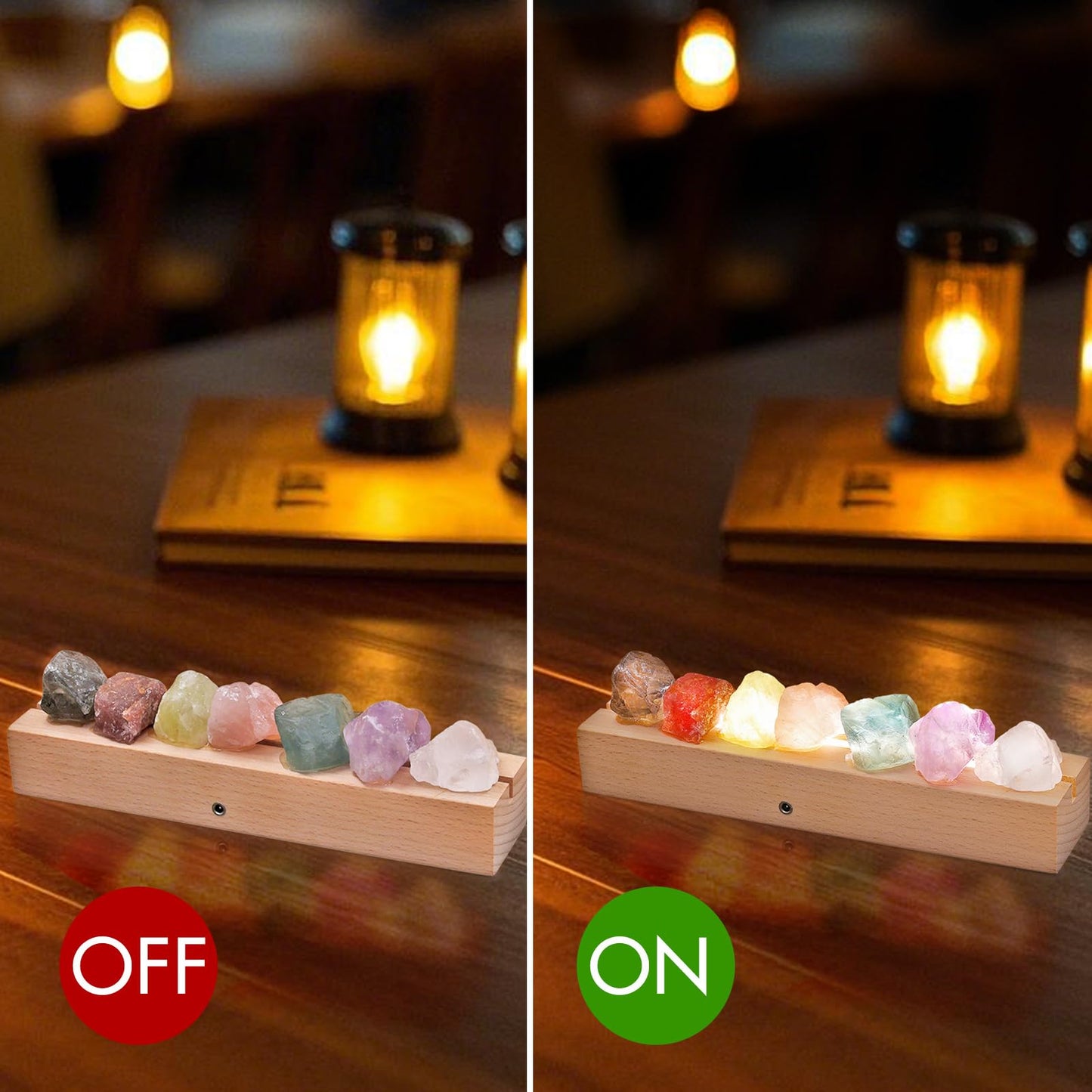 HYAMVOR Healing Crystal Night Light,7 Chakra Natural Bedside Lamp with Wooden LED Light Base,Healing Stones Positive Energy Night Lights for Home Decor Gifts (Rechargeable)