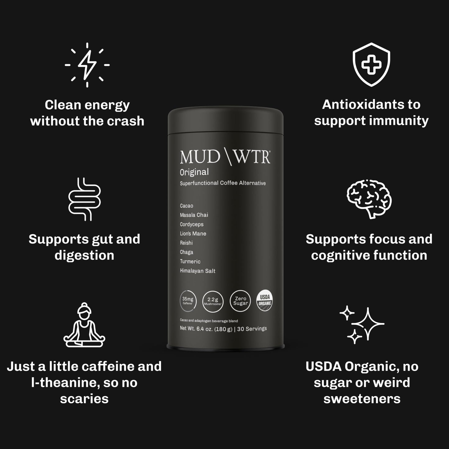 MUDWTR Original Mushroom Coffee Alternative | 2,240mg USA Grown & Adaptogenic Mushrooms | USDA Organic | Lion's Mane, Cordyceps, Chaga & Reishi | Energy, Focus & Immunity Support | 30 Servings