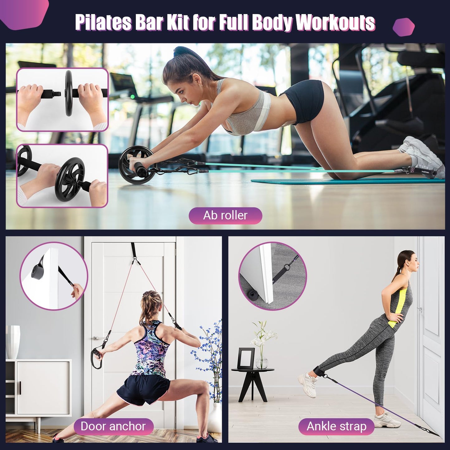 Pilates Bar Kit with Resistance Bands, Multifunctinal Exercise Bar with Ab Roller for Yoga/Abs/Weight Loss, Portable Home Gym Pilates kit for Full Body Training Women - Black