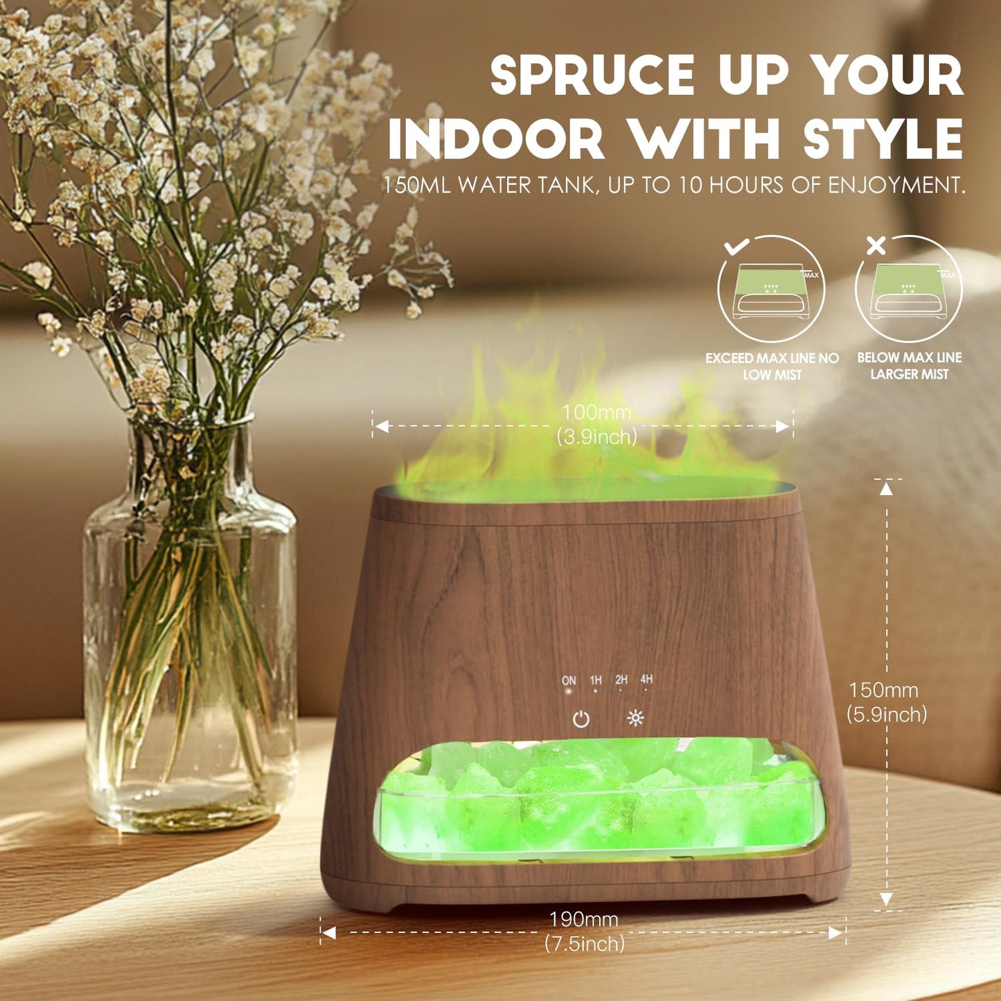 SALKING Colorful Flame Fire Diffuser Humidifier, Himalayan Salt Lamp, 7 Colors Changing Oil Diffuser, Ultra-Quiet Essential Oils Aromatherapy Diffusers for Large Room, Bedroom,150ml (Dark)