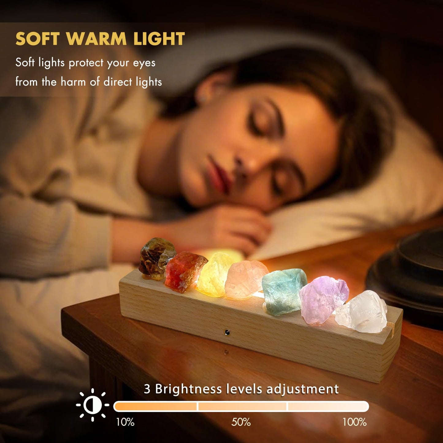 HYAMVOR Healing Crystal Night Light,7 Chakra Natural Bedside Lamp with Wooden LED Light Base,Healing Stones Positive Energy Night Lights for Home Decor Gifts (Rechargeable)