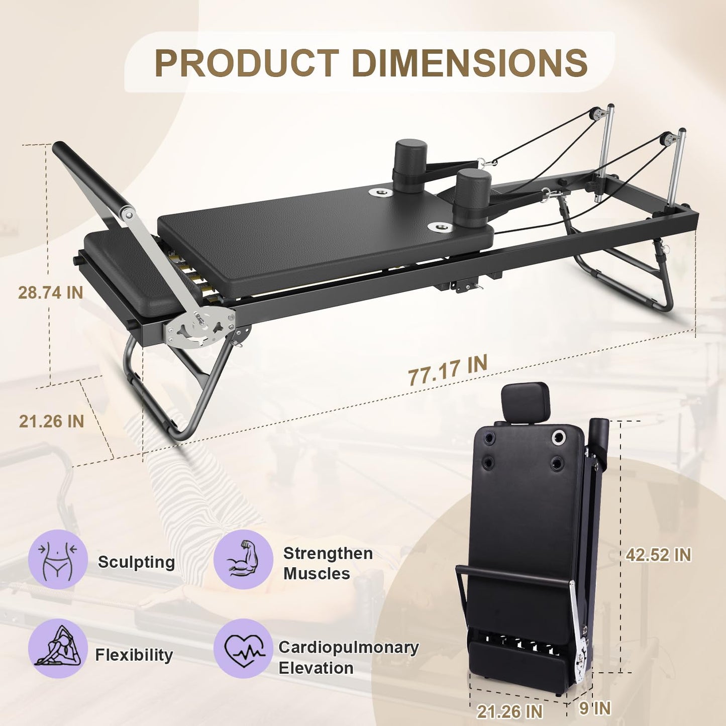 Pilates Reformer, Foldable Reformer Pilates Machine & Equipment for Women Home Use Gym Workout & Advanced and Beginners Users, Up to 400 lbs Weight Capacity, Black