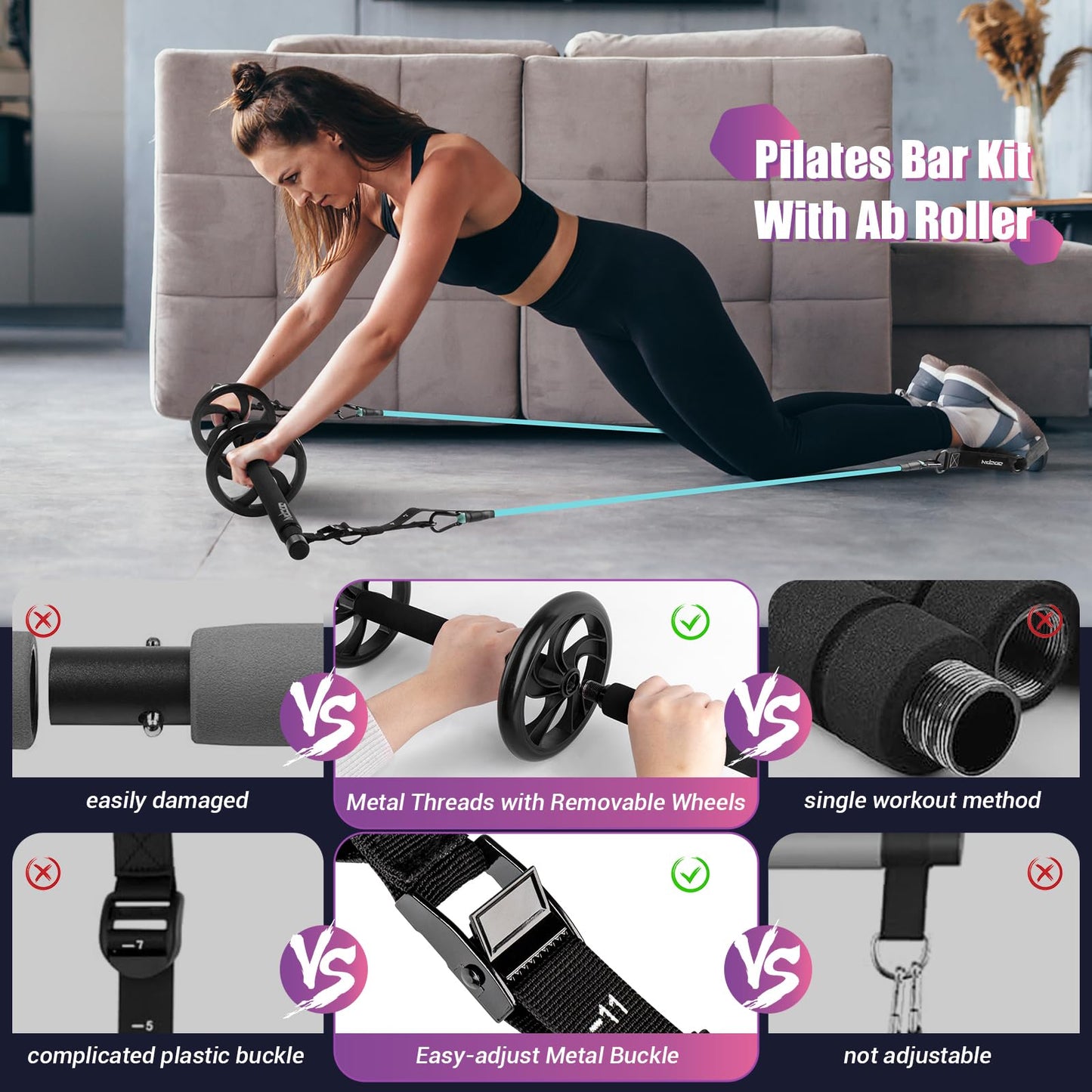 Pilates Bar Kit with Resistance Bands, Multifunctinal Exercise Bar with Ab Roller for Yoga/Abs/Weight Loss, Portable Home Gym Pilates kit for Full Body Training Women - Black