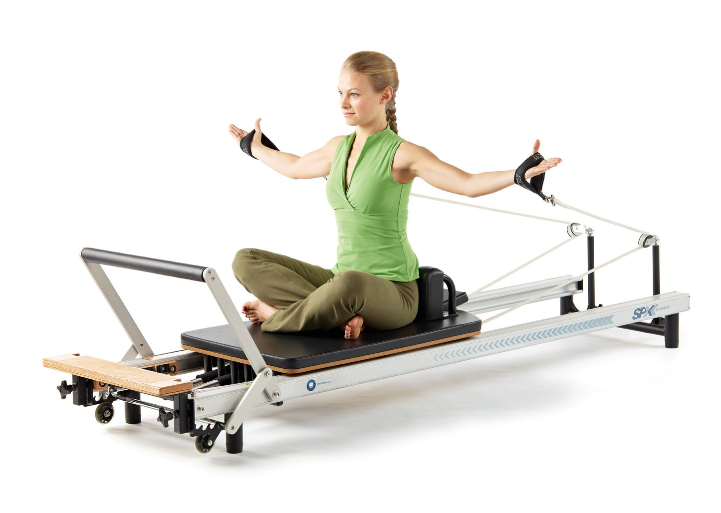 Merrithew™ At Home SPX® Reformer Package with Reformer Box, Footstrap, Padded Platform Extender and Metal Roll-up Pole – Pilates Workouts at Home(BLACK)