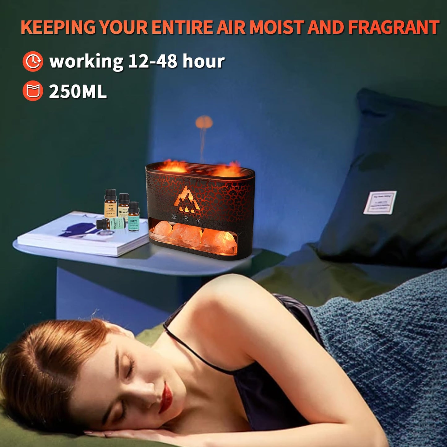 BOHOFAM Himalayan Salt Aroma Diffuser & Air Humidifier with 2 Flame/Jellyfish Mist Modes,Essential Oil Diffuser wih 6 Lights Change for Home, 4 Essential Oils-Mysterious, Relaxation, Sweet, Happy