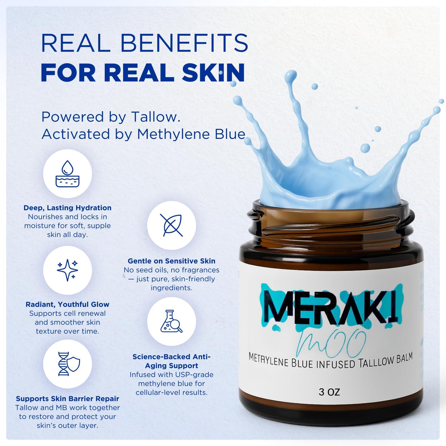 Meraki Medicinal Methylene Blue Tallow Balm for Face – Beef Tallow Moisturizer with Coconut Oil and Honey – Methylene Blue Face Cream for All Skin Types – 3 oz