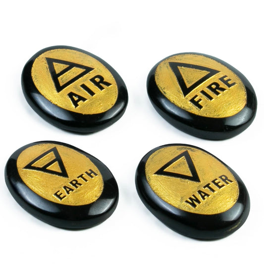 Crocon 4 Elements Black Tourmaline Stones Engraved Triangle Symbols (Earth Air Fire Water) Polished Palm Stones for Gemstone Reiki Crystals and Healing Stones Meditation Divination Tools Gifts