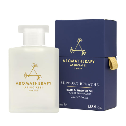 Aromatherapy Associates Support Breathe Bath and Shower Oil, Natural Body Oil to Clear Mind, Body and Spirit, Hydrating Body Oil Made with 3 Essential Oils (1.86 oz)